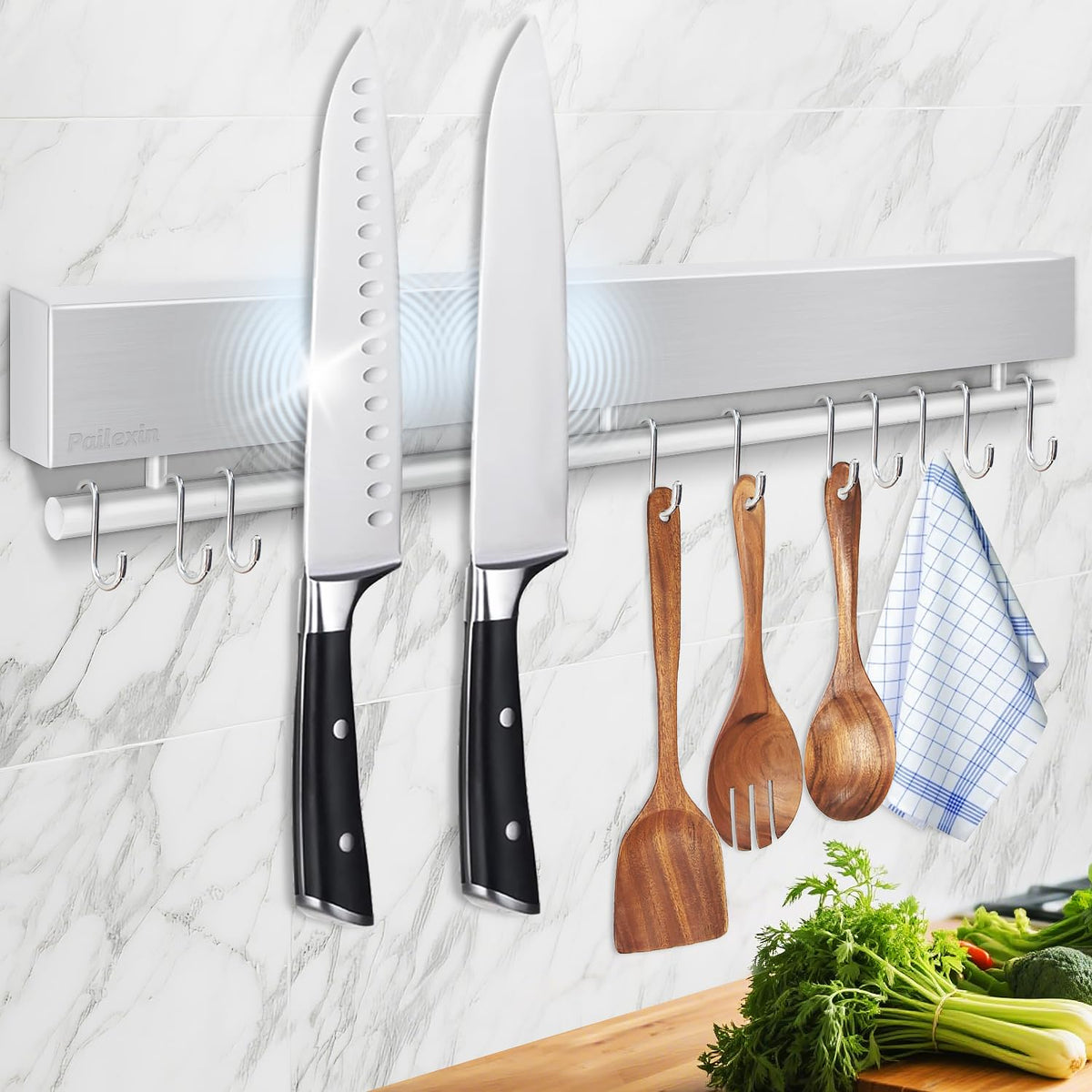 Pailexin barra magnetica para cuchillos de 17 pulgadas, almacenamiento seguro al alcance en la cocina.