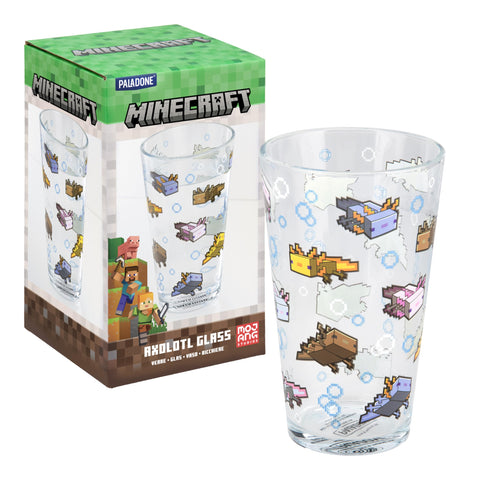 Paladone Minecraft Axolotl Vaso de vidrio, patrón de axolotes, ideal para uso diario.