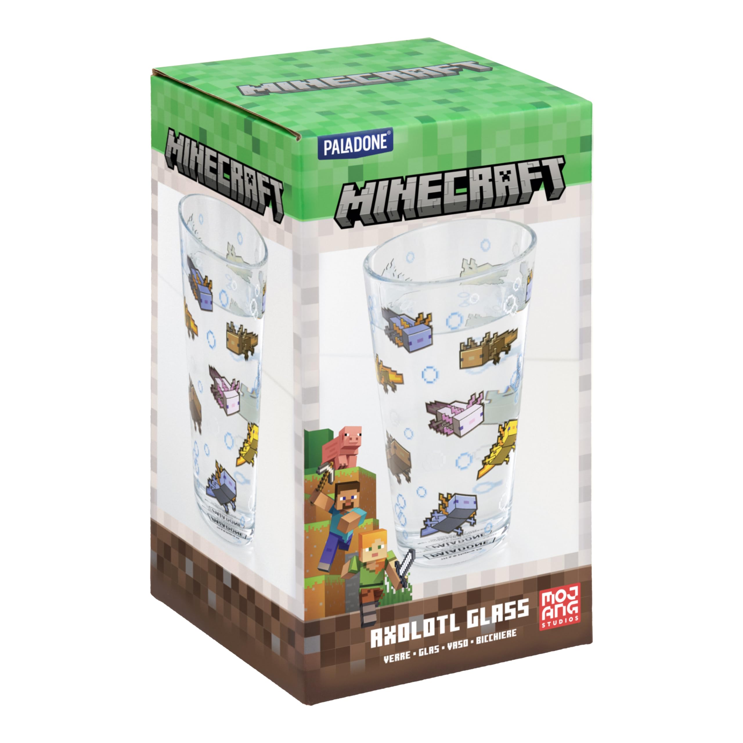 Paladone Minecraft Axolotl Vaso de vidrio, ideal en oficina o casa para agua o zumos.