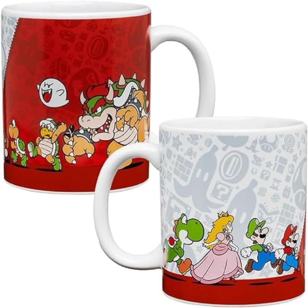 Paladone Super Mario Mug con Mario, Luigi, Peach y Yoshi en el frente, ideal para mañanas