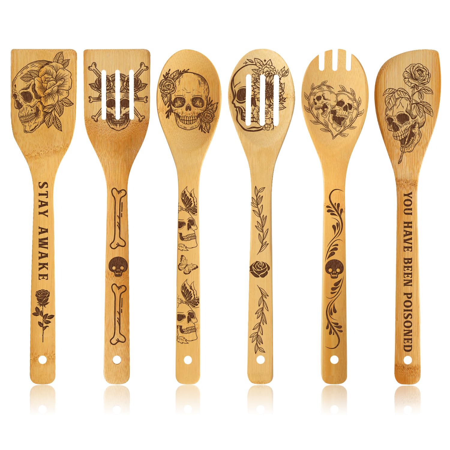 Palasarkaaa set de utensilios de bambú con calaveras, ideal para uso diario.