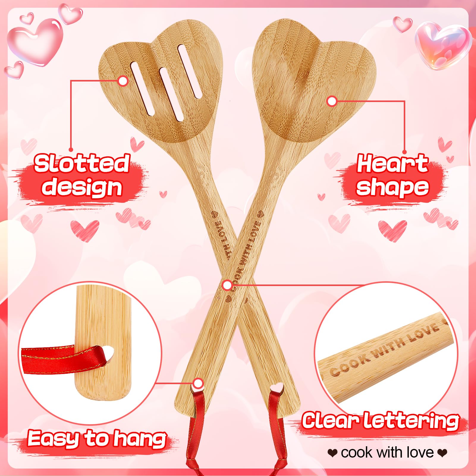 PAMASE cuchara corazón bambú con cinta roja, regalo especial.