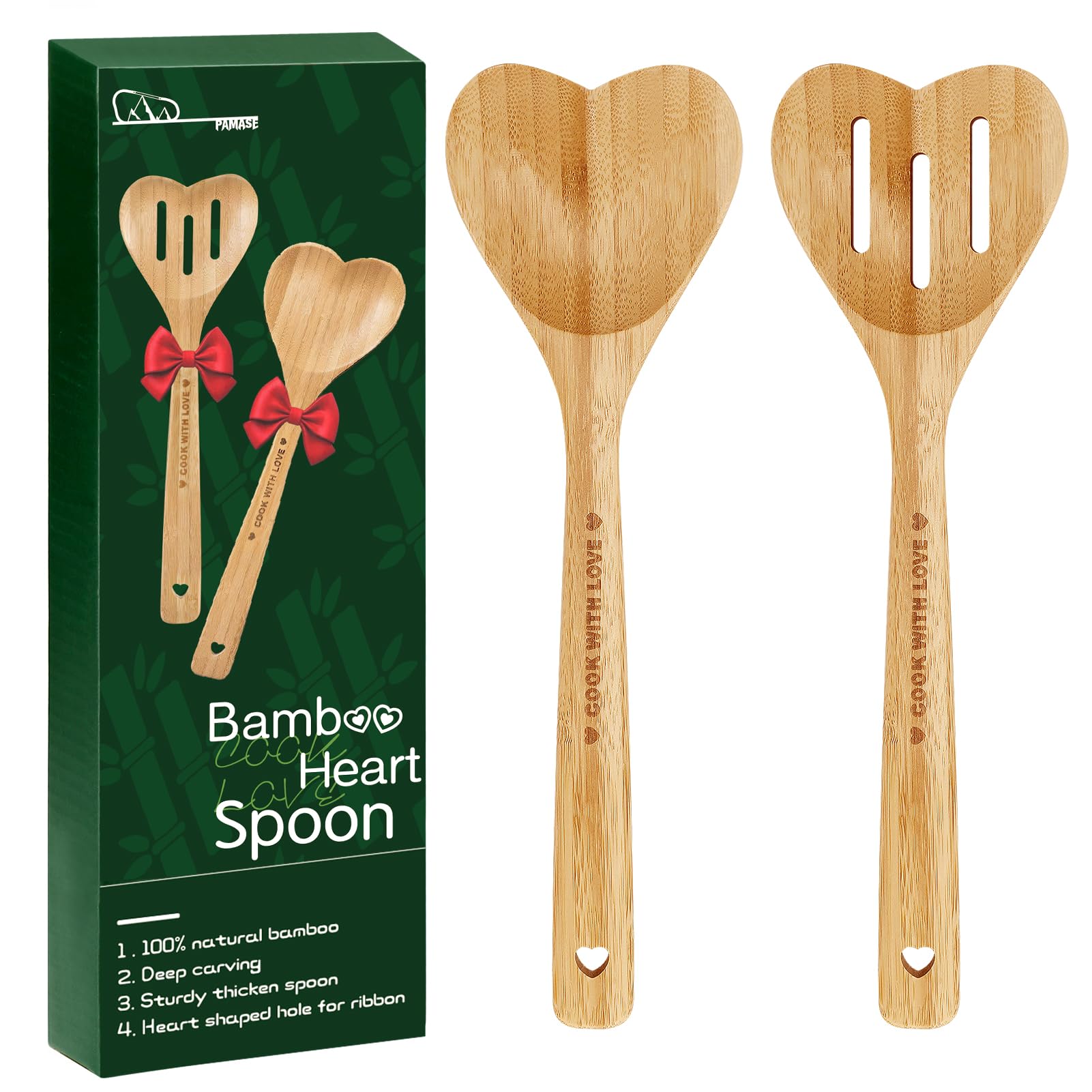 PAMASE cuchara corazón de bambú, enfoque romántico para cocinar y servir.