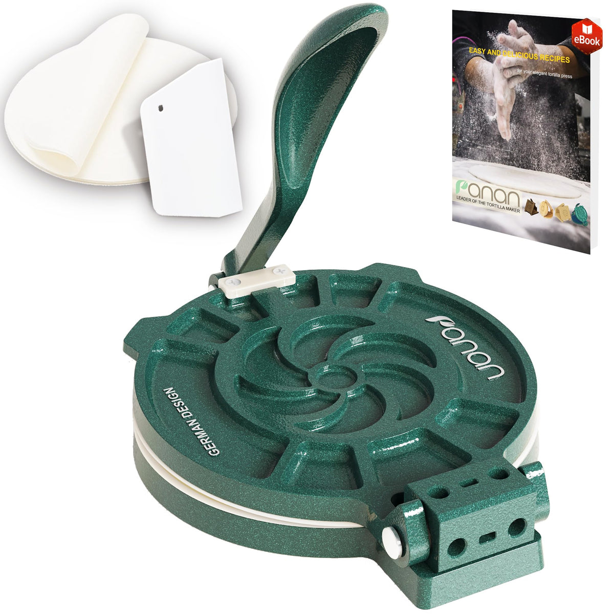 Prensa Panan para tortillas con ajuste de espesor de 8 pulgadas para resultados consistentes.