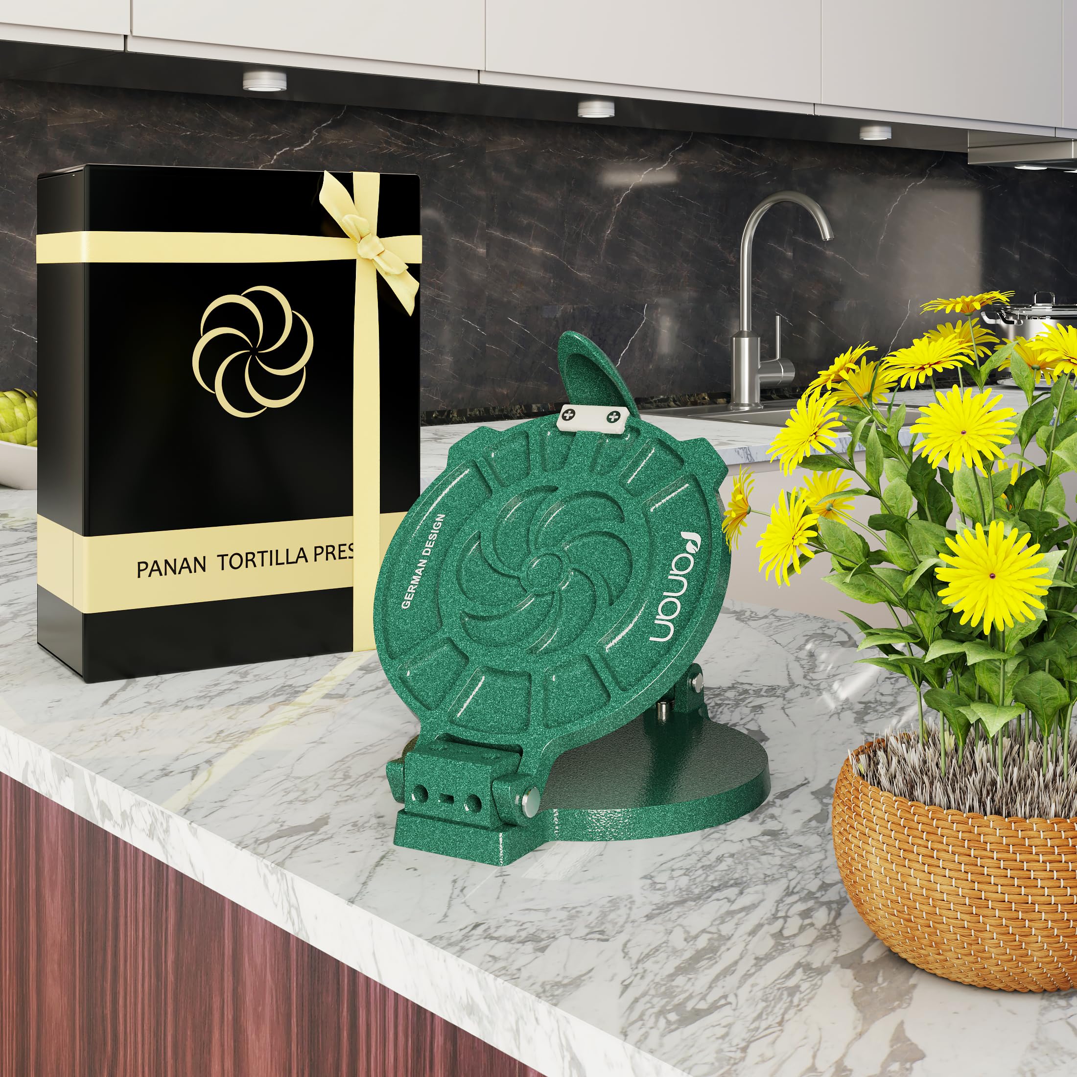 Panan prensa-tortillas diseño ergonómico con mango redondeado para uso cómodo.