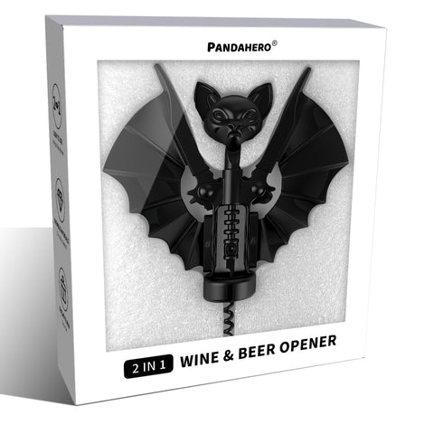 Pandahero abre-vino gótico con murciélago para momentos especiales.