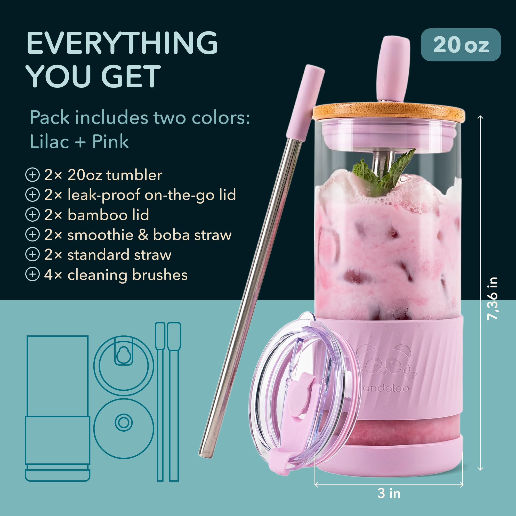 Pandaloo vaso cristal 20oz con pajilla inoxidable, perfecto para batidos y agua.