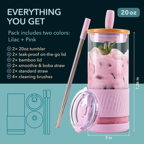 Pandaloo vaso cristal 20oz con pajilla inoxidable, perfecto para batidos y agua.