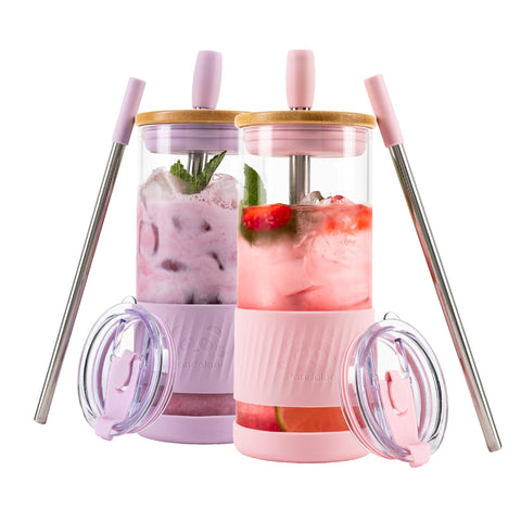 Pandaloo vaso cristal 20oz con tapa bambú, ideal para café helado.