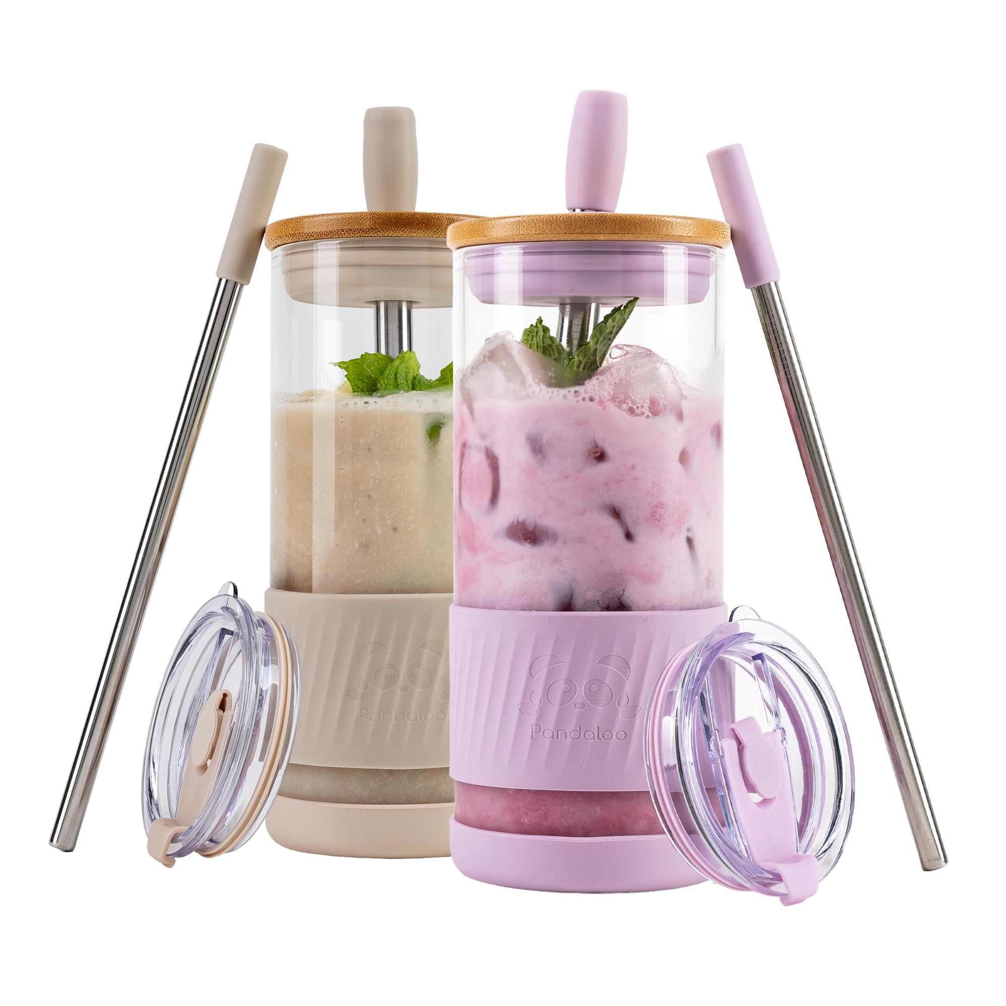 Vaso Pandaloo con tapa de bambú lilac-cremosa, ideal para café helado