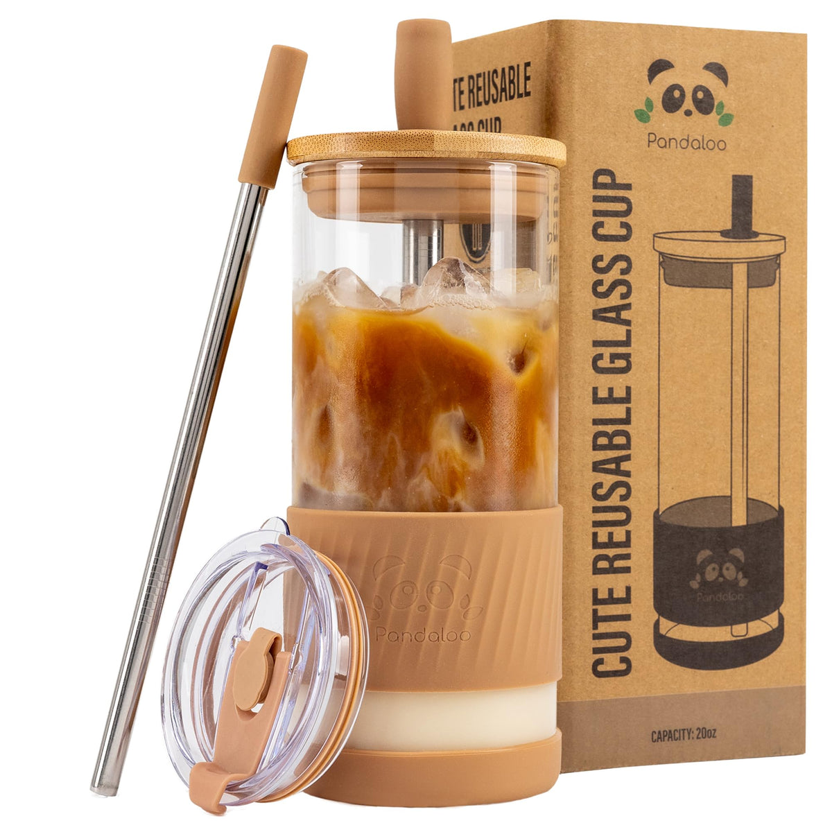 Vaso de cristal Pandaloo con tapa de bambú y pajilla, ideal para llevar bebidas frías.