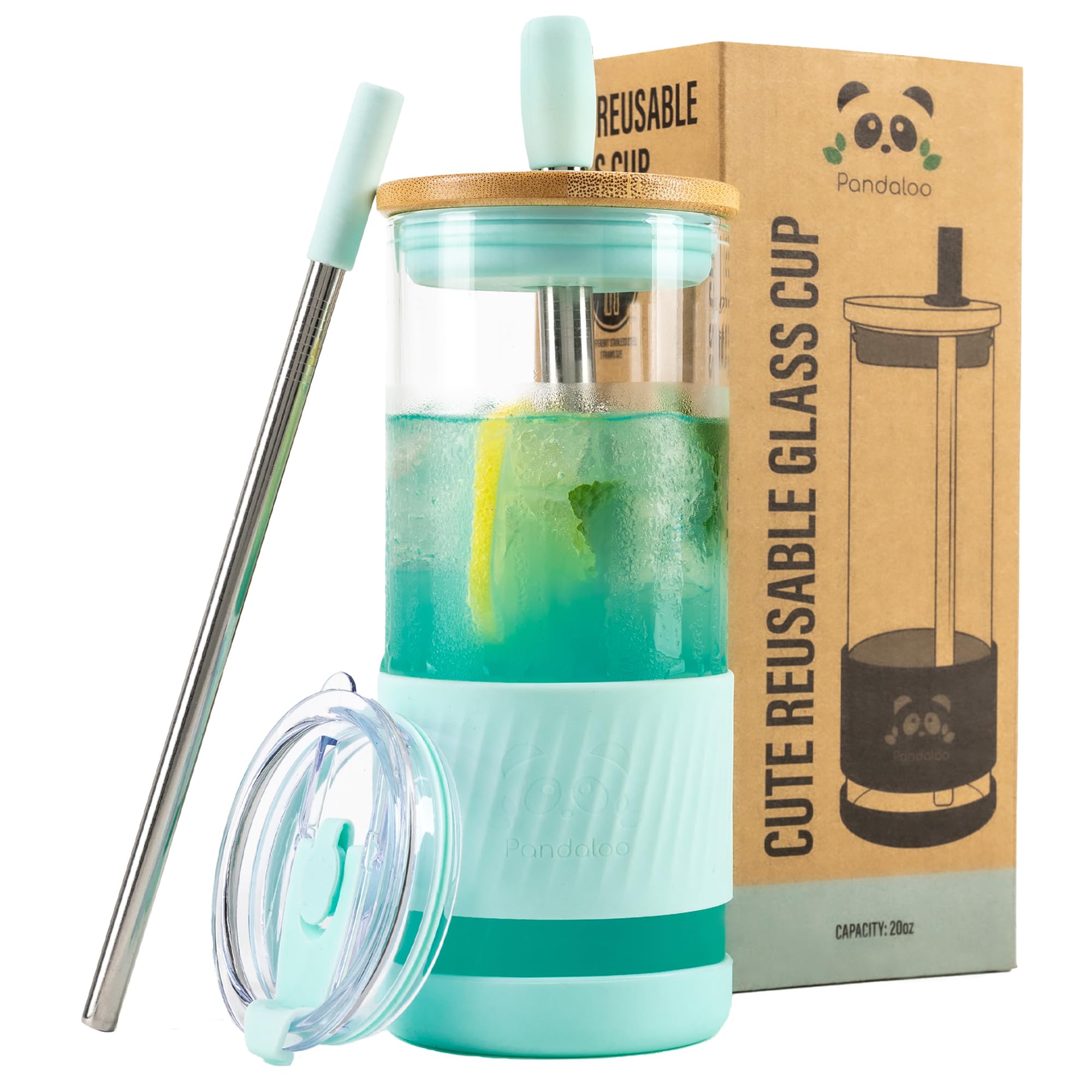 Vaso de vidrio Pandaloo con tapa de bambú, ideal para bebidas frías para llevar