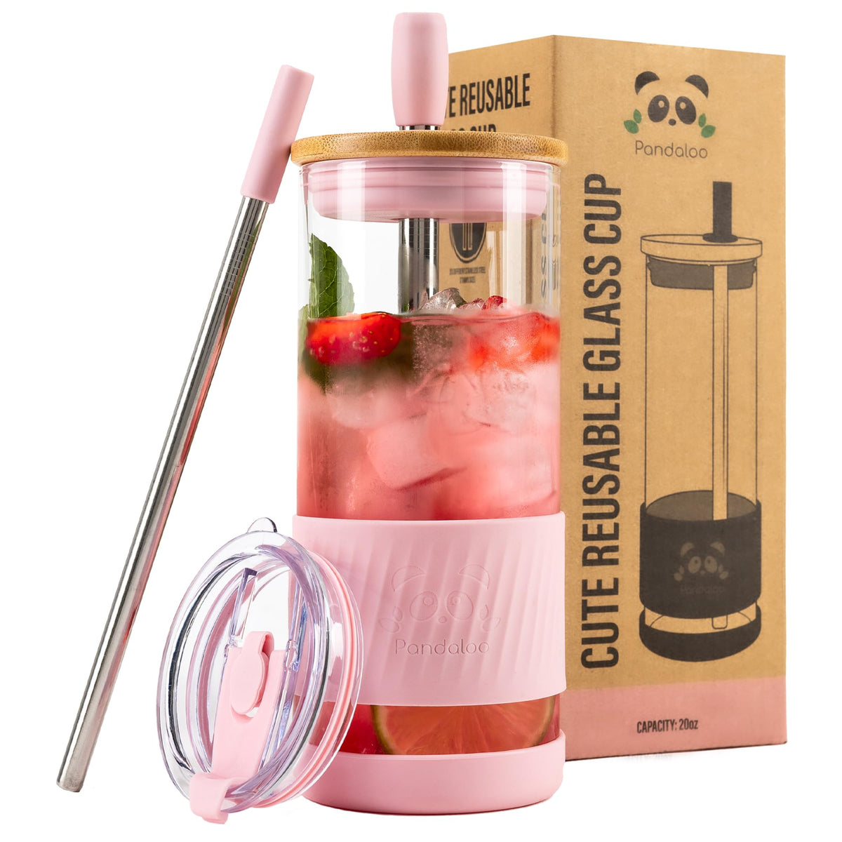 Pandaloo vaso cristal con tapa bambú, ideal para café helado y bebidas diarias.