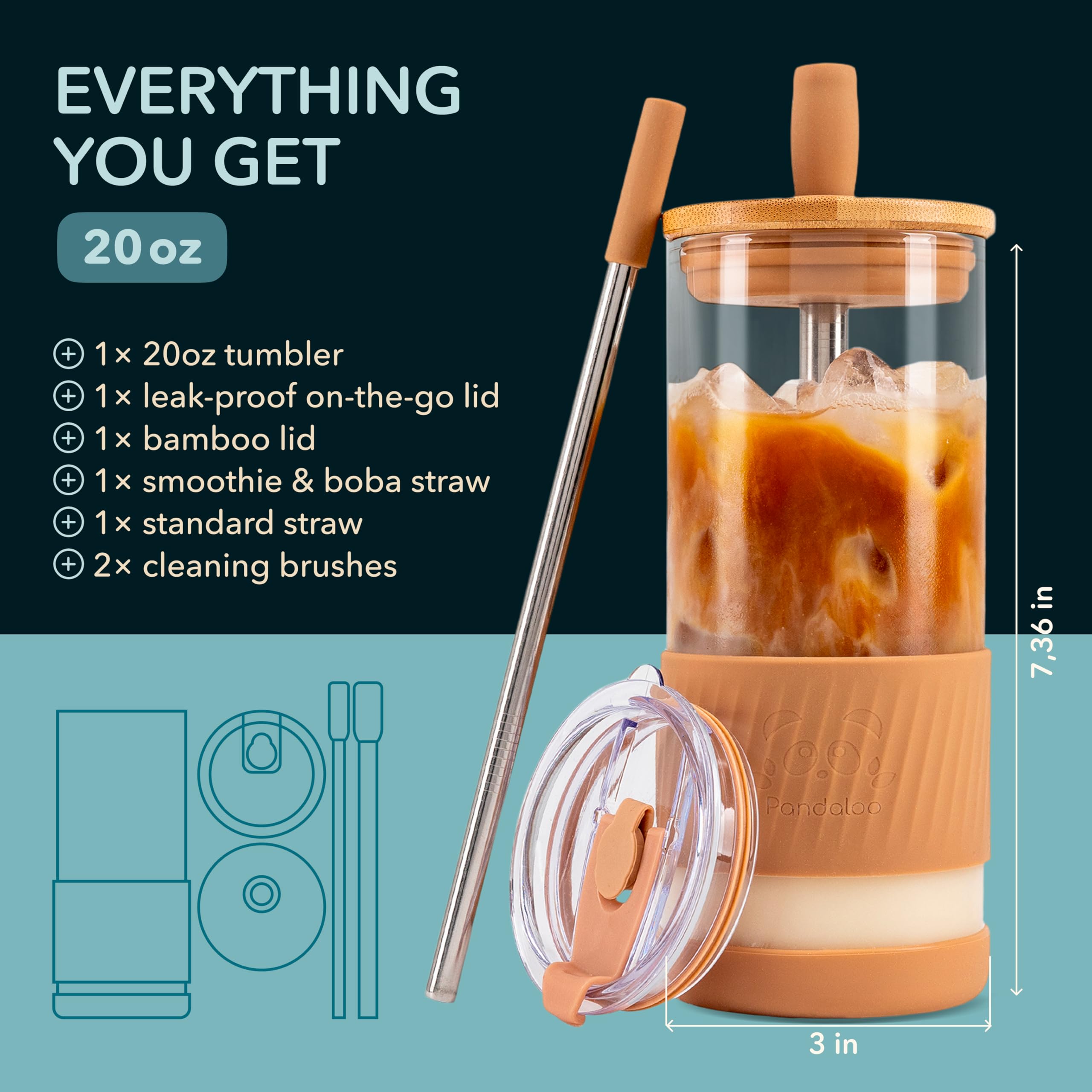 Vaso de cristal Pandaloo con tapa de bambú a prueba de fugas para viajes.