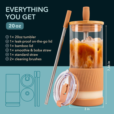 Vaso de cristal Pandaloo con tapa de bambú a prueba de fugas para viajes.