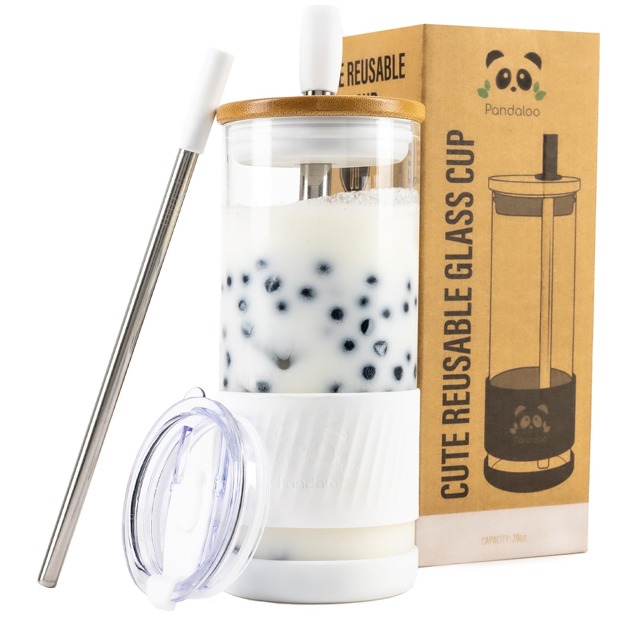 Pandaloo vaso cristal con tapas y pajillas, ideal para café frío y batidos