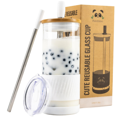 Pandaloo vaso cristal con tapas y pajillas, ideal para café frío y batidos