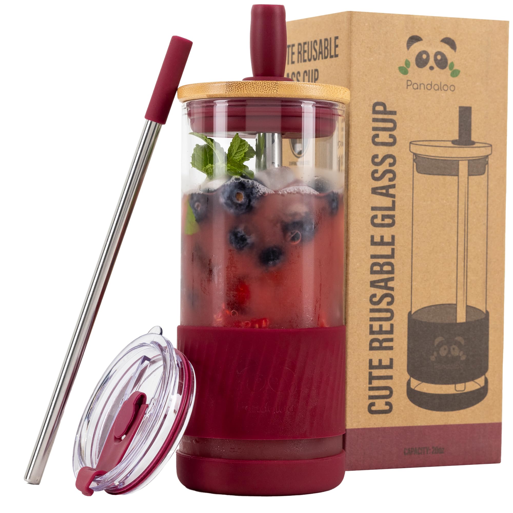 Vaso de cristal Pandaloo con tapas y pajita, ideal para bebidas frías sobre la marcha
