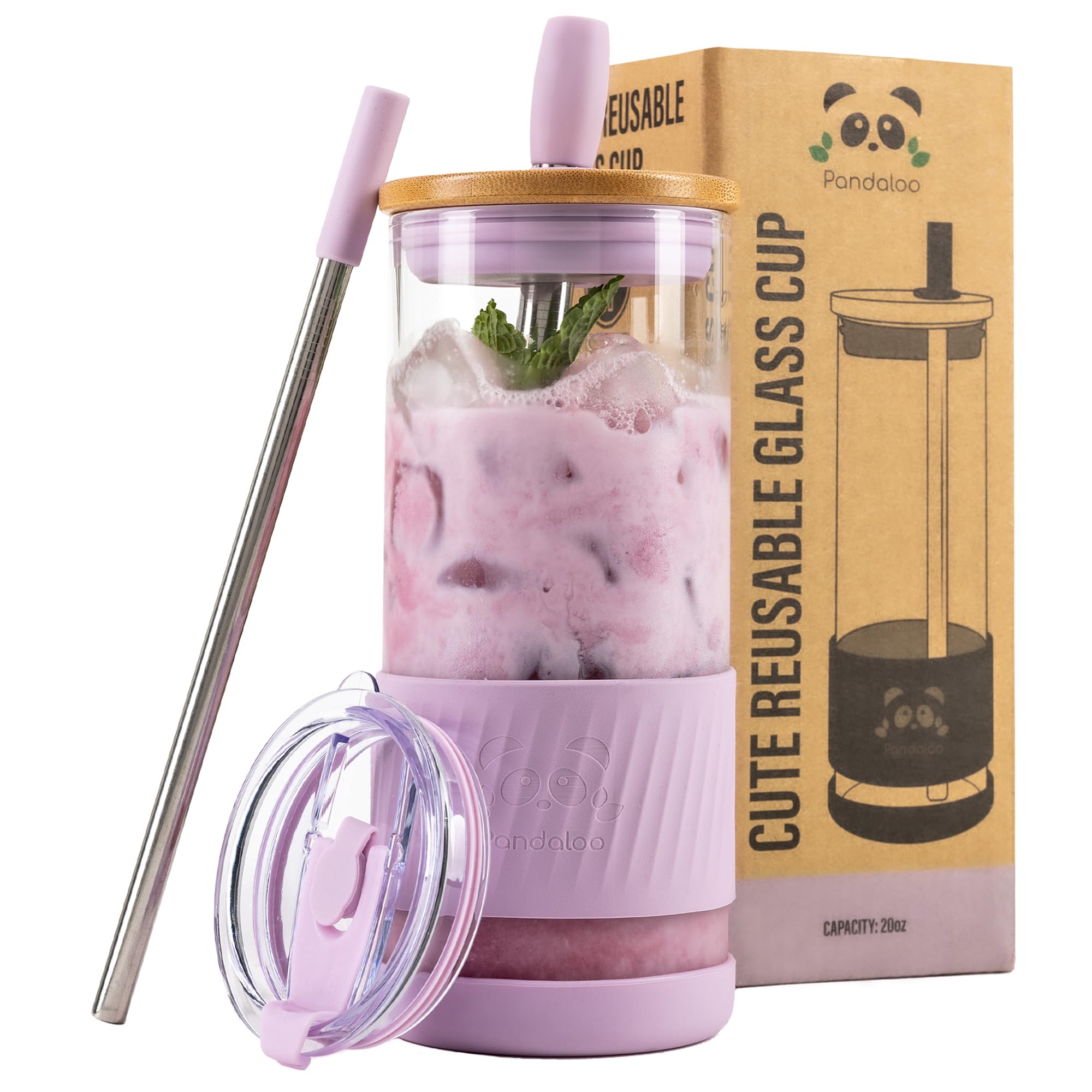 Vaso Pandaloo 20oz con tapa y pajilla, ideal para café frío y bebidas.