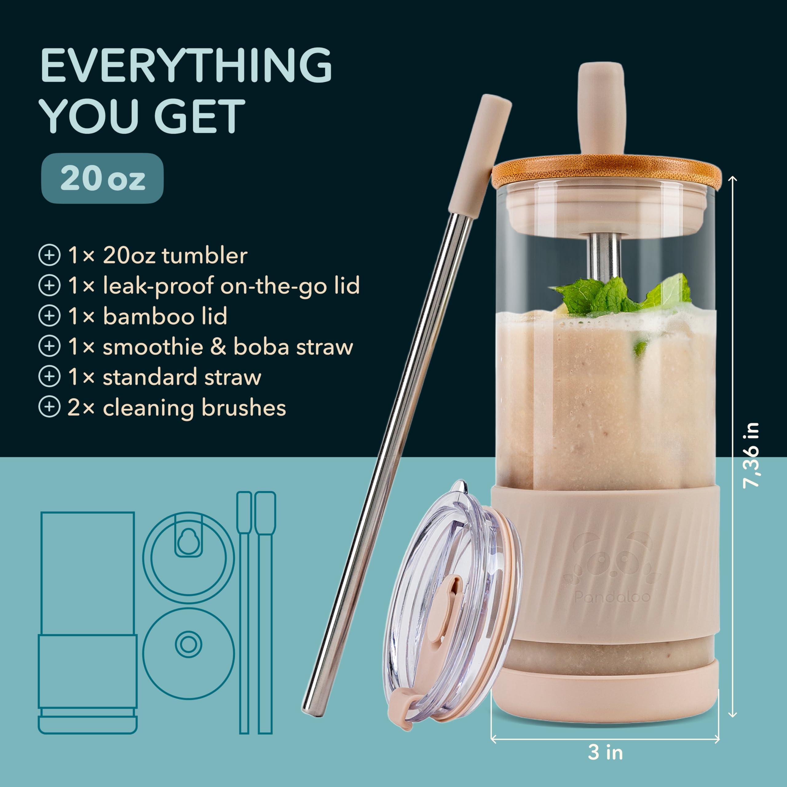 Vaso Pandaloo de vidrio borosilicato con tapa de bambú para uso diario.