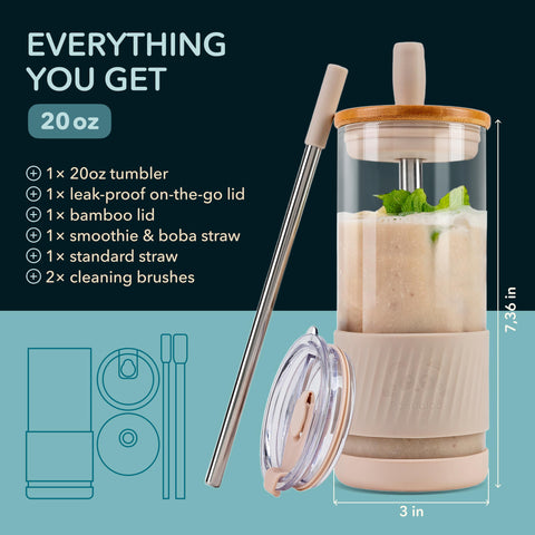 Vaso Pandaloo de vidrio borosilicato con tapa de bambú para uso diario.