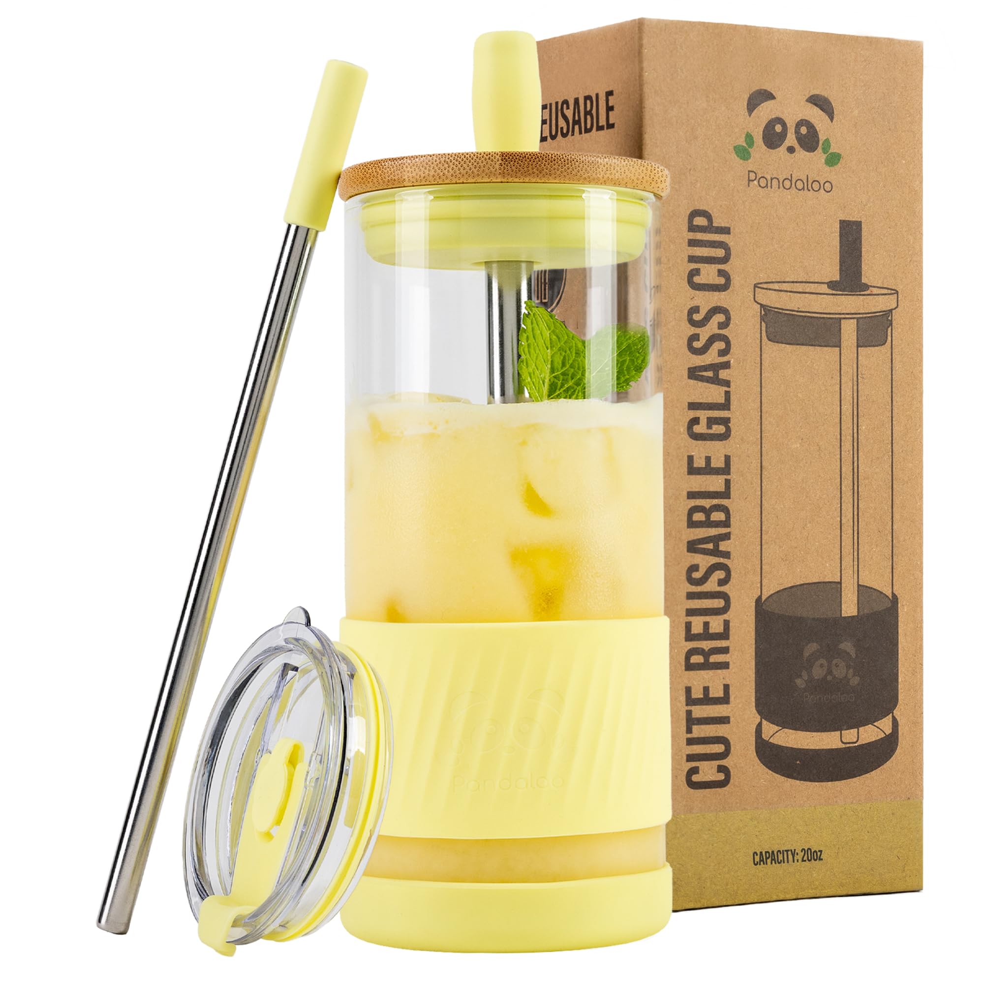 Vaso Pandaloo con tapa bambú y 20 oz, ideal para café frío.