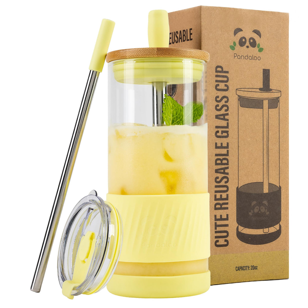Vaso Pandaloo con tapa bambú y 20 oz, ideal para café frío.
