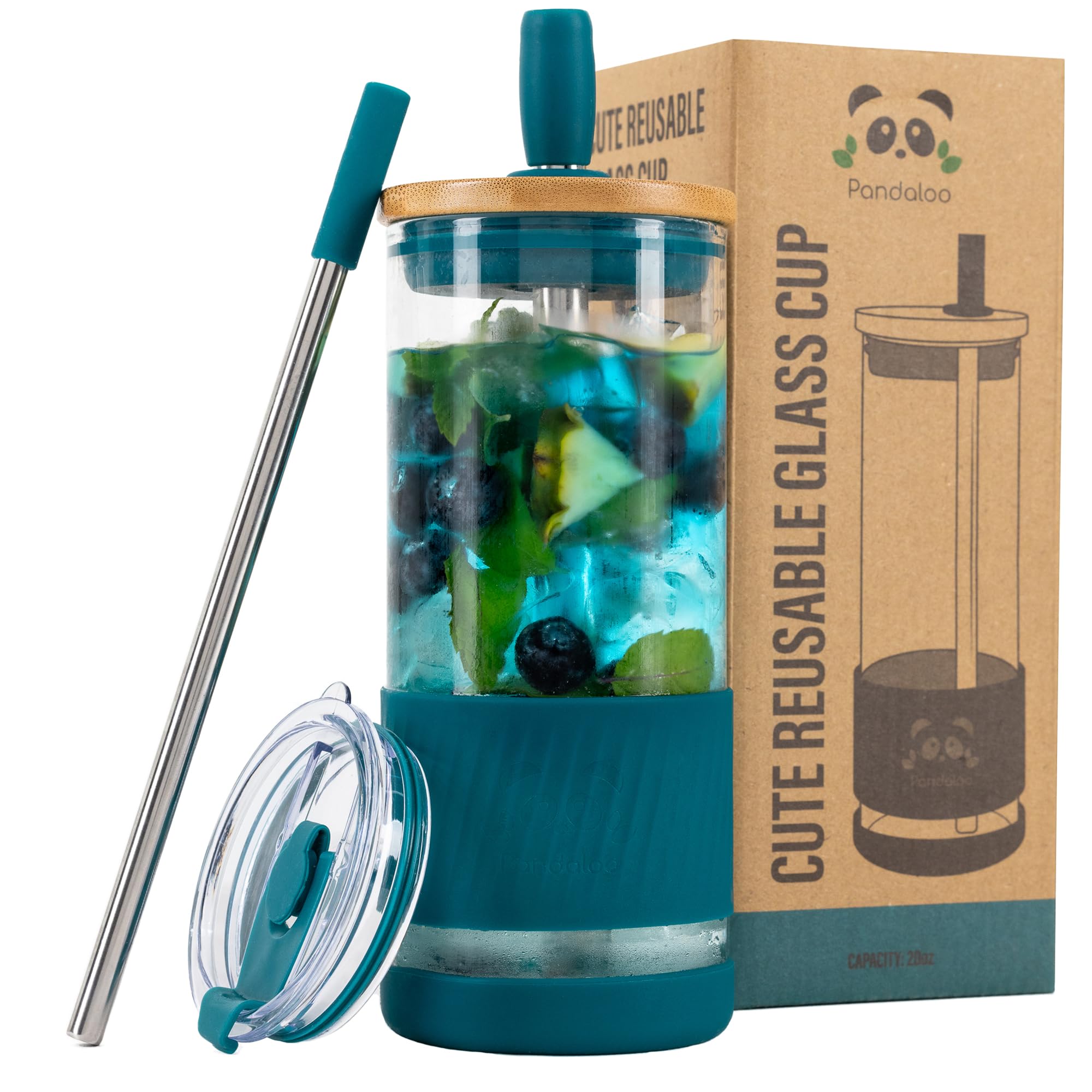 Vaso de vidrio Pandaloo con tapa bambú y pajilla, ideal para bebidas frías