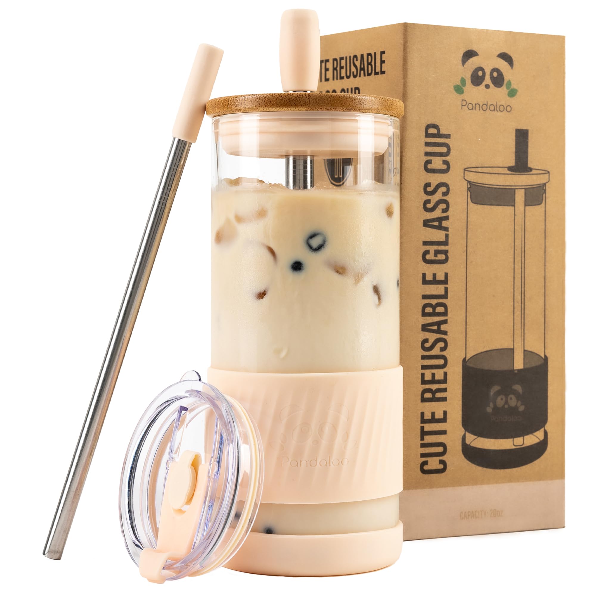 Vaso Pandaloo con tapa de bambú y pajilla para café frío.