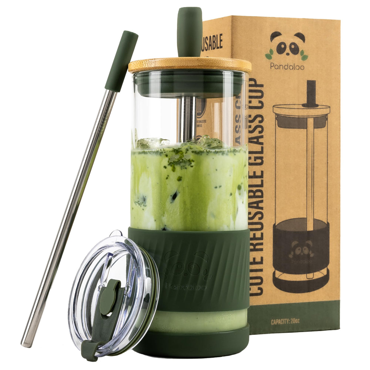 Vaso de vidrio Pandaloo con tapa y pajilla para bebidas frías y rápidas
