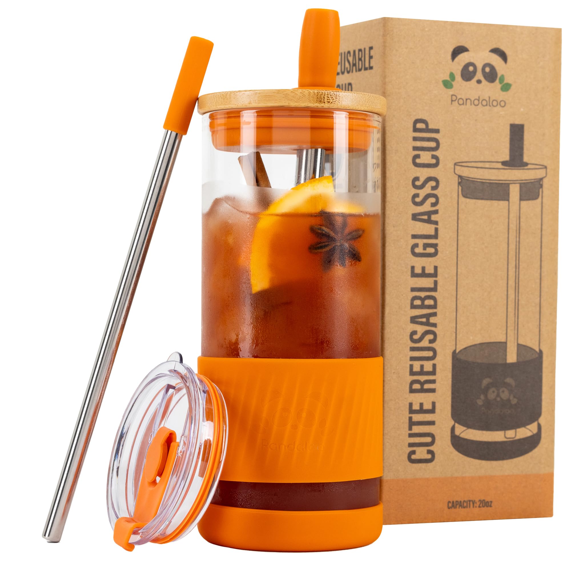 Pandaloo vaso de vidrio con tapas y pajitas, perfecto para café helado para llevar.
