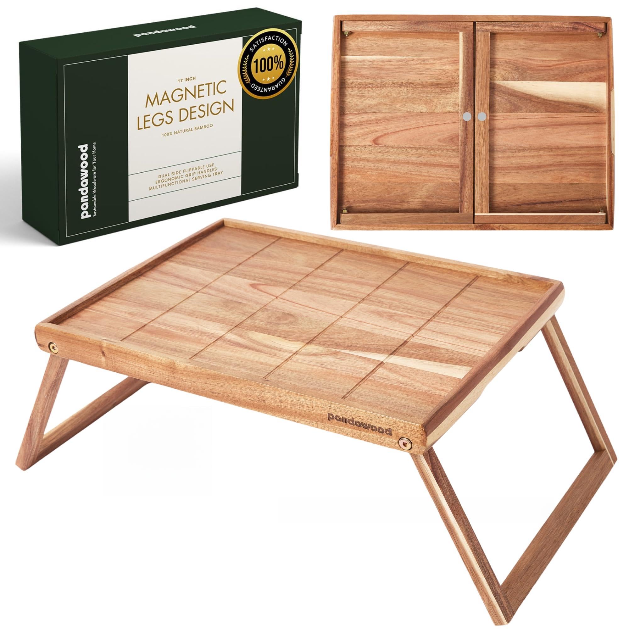 PANDAWOOD bandeja cama de acacia grande con asas para desayuno cómodo