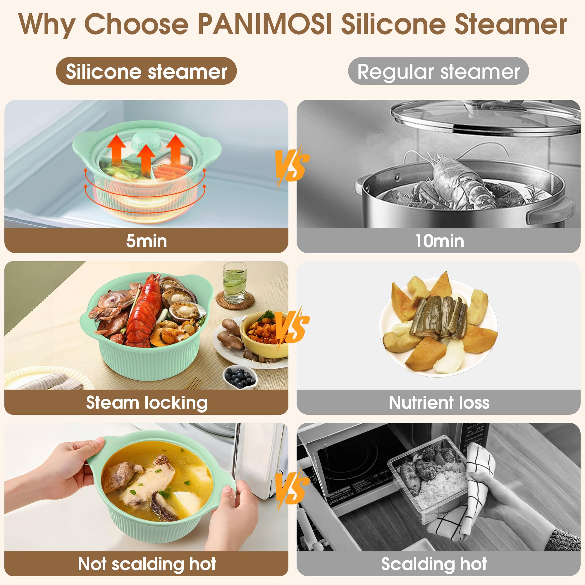 PANIMOSI vaporizador 3 compartimentos permite cocinar varias recetas sin mezclar sabores.