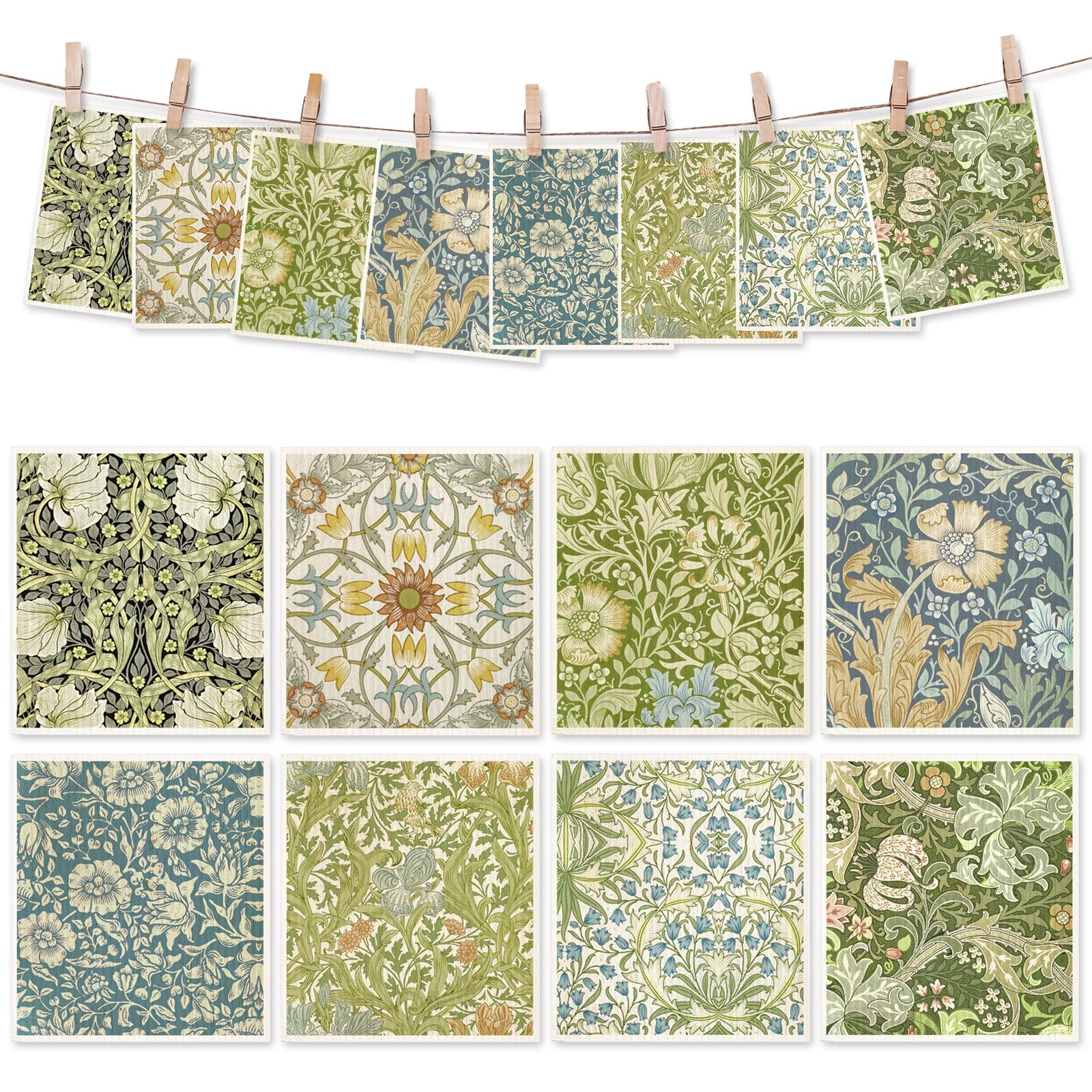 Paño sueco vintage floral azul-verde para secar manos en la cocina.