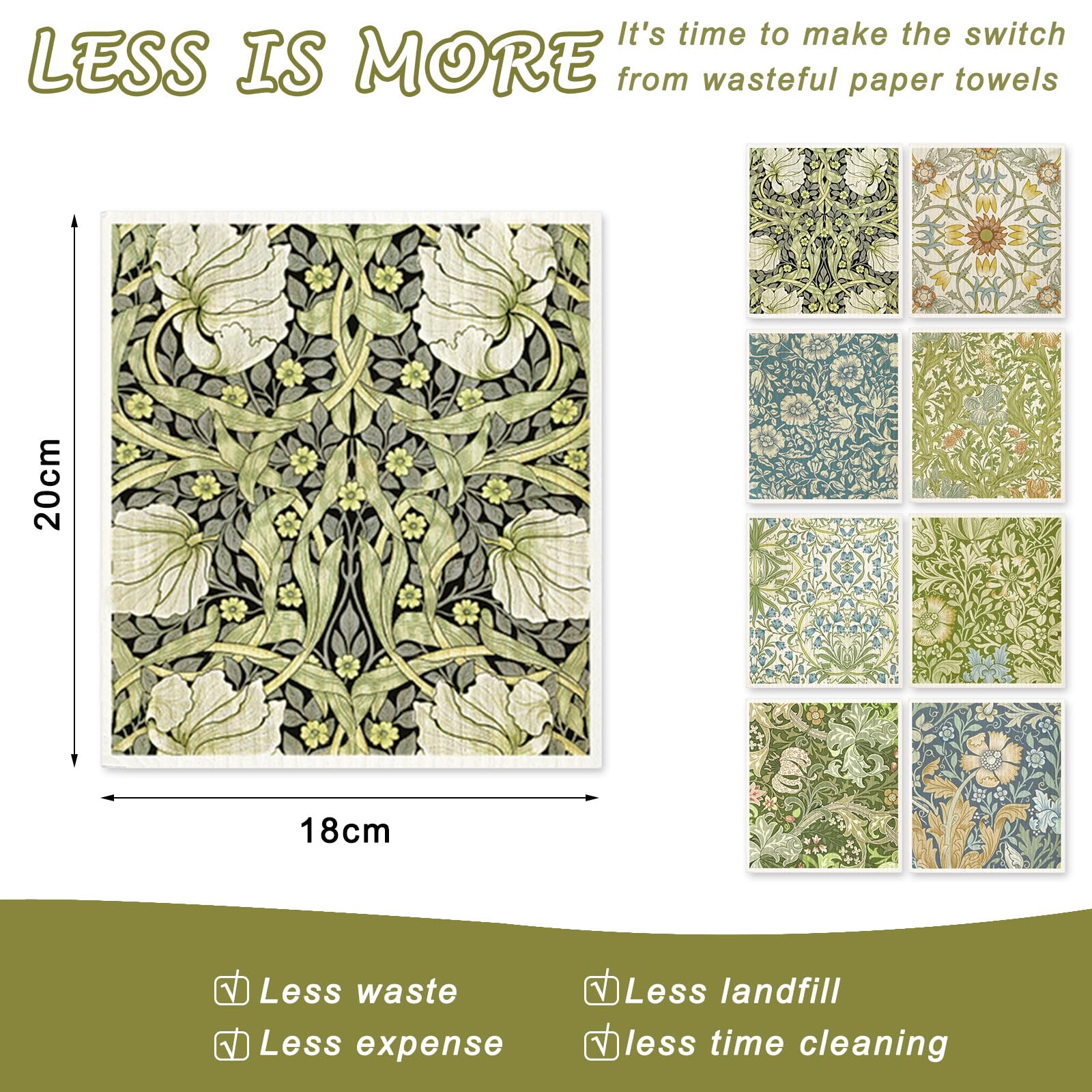 Paño sueco vintage floral azul-verde ideal para limpiar derrames con suavidad.