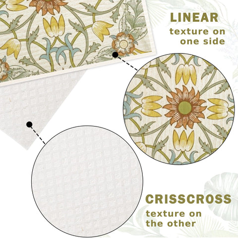 Paño sueco vintage floral azul-verde suave y absorbente para secar platos.