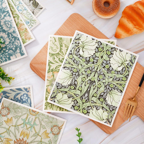 Paño sueco vintage floral azul-verde decorativo para encimeras y mesas.
