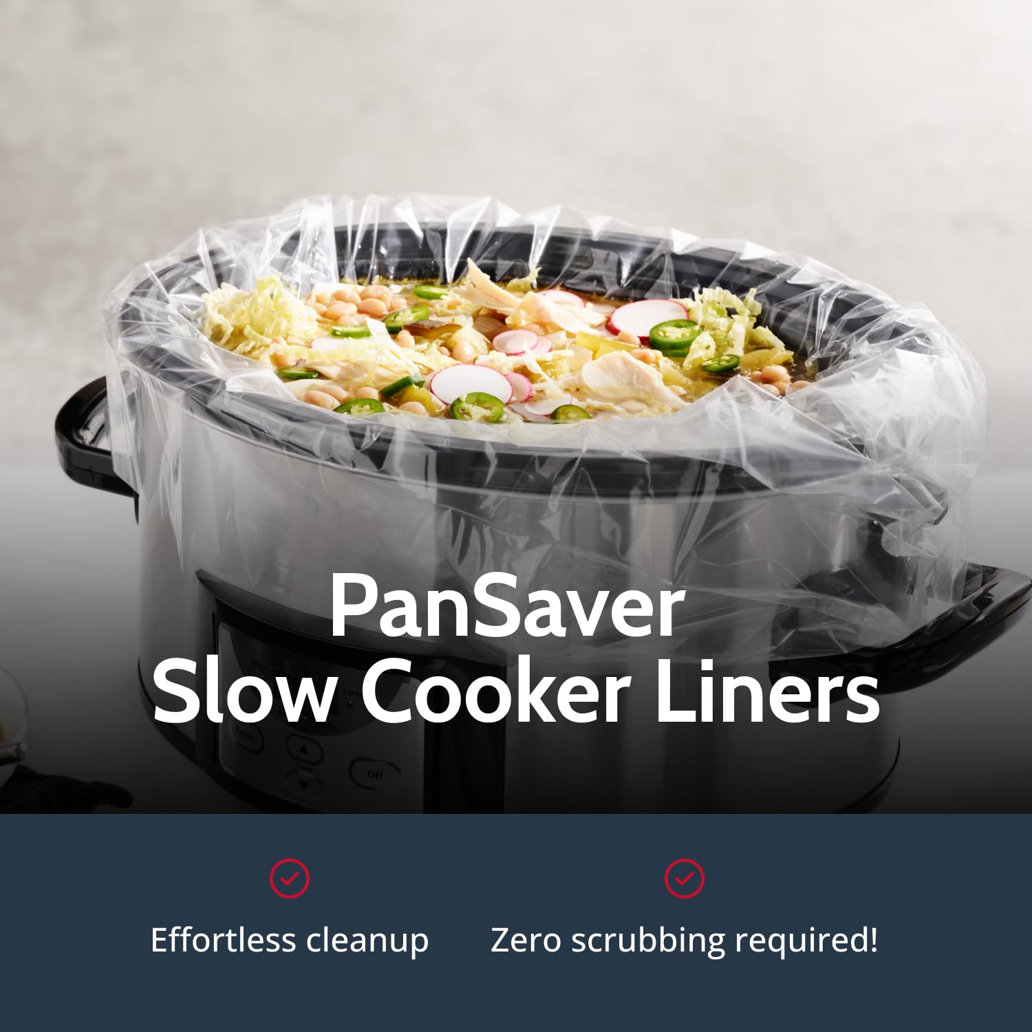 Colocación del forro PanSaver EZ Clean evita salpicaduras y facilita la limpieza.