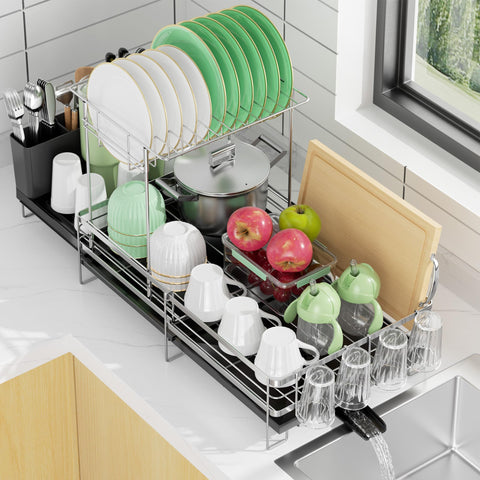 Pantasia escurridor de platos dos niveles extensible para encimeras pequeñas, ahorro de espacio