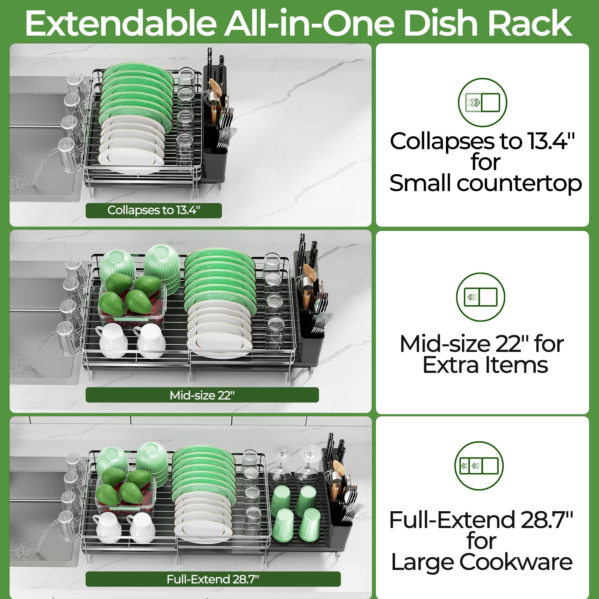 Pantasia escurridor de platos extensible cómodo para encimeras estándar y mesas plegables.