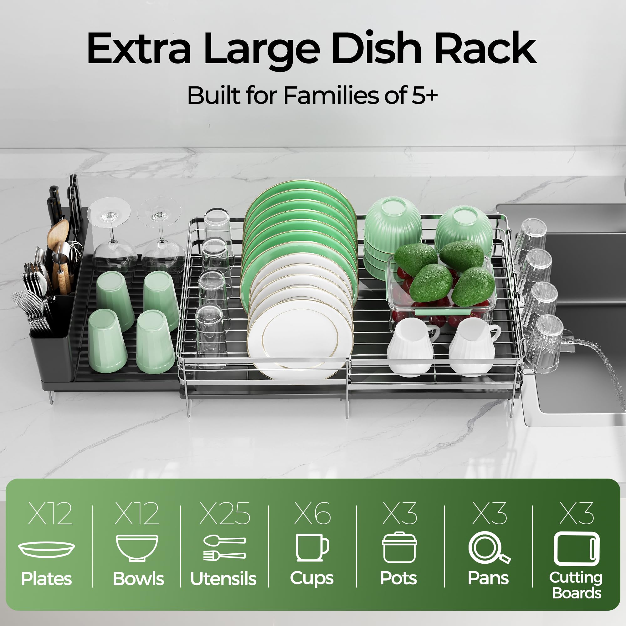Pantasia escurridor de platos extensible capaz de acomodar más vajilla cuando se necesita.