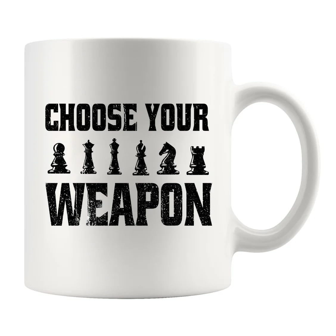 Taza ceramica Panvola Elige tu arma, frente con diseño ajedrez para cafe diario.