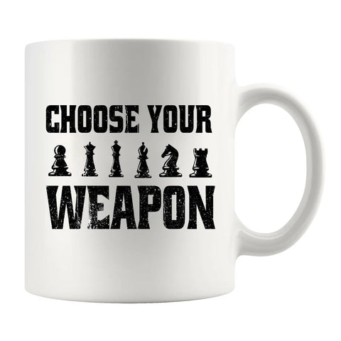 Taza ceramica Panvola Elige tu arma, frente con diseño ajedrez para cafe diario.