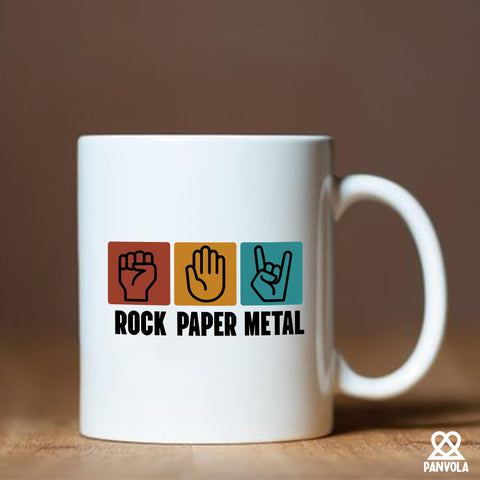 Taza Panvola Rock Paper Metal frase humorística, invita a una conversación