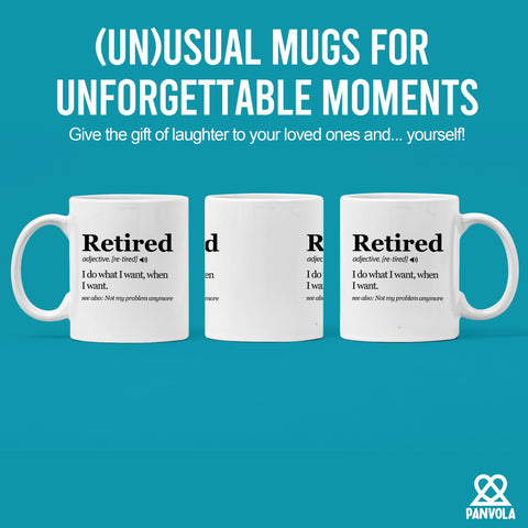 Taza Panvola Definición Jubilación, versión de dos caras para lectura a izquierda o derecha.