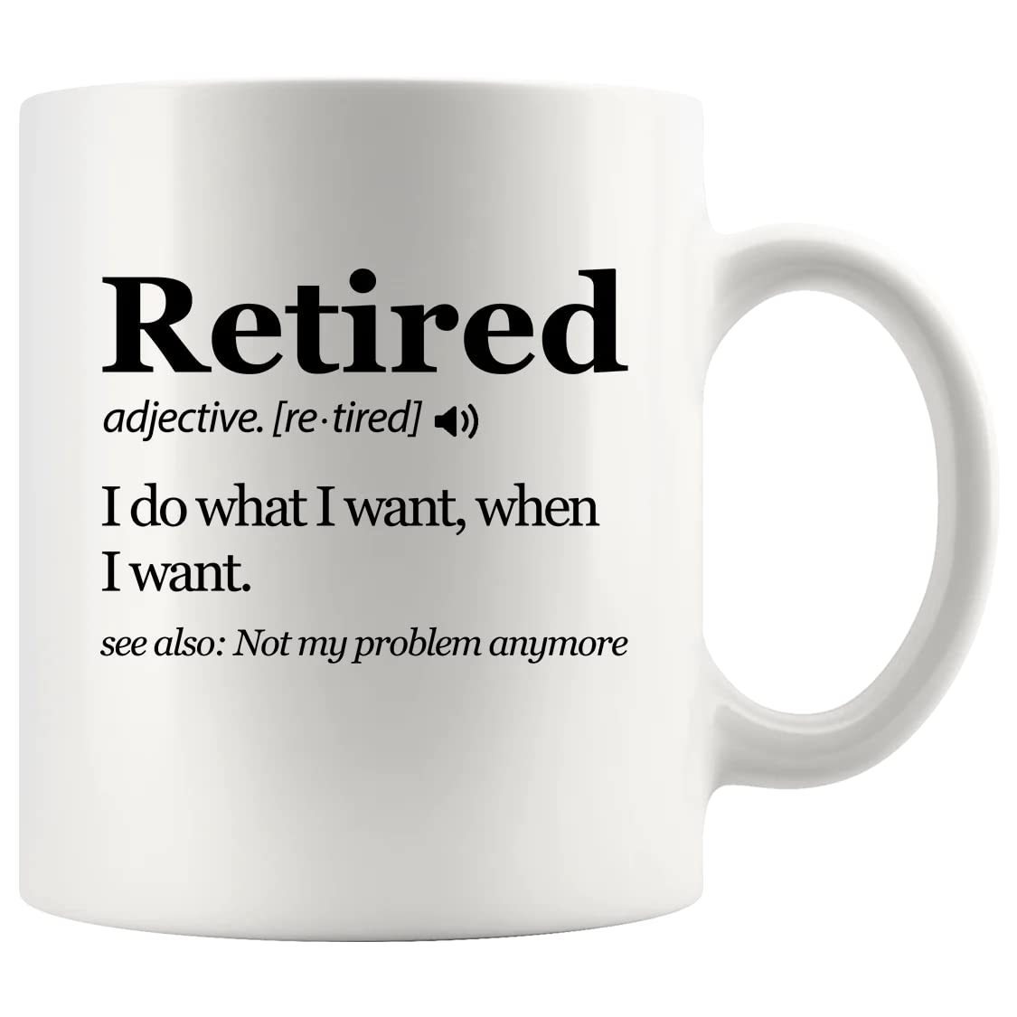 Taza Panvola Definición Jubilación, visión frontal ideal para empezar el día con humor.