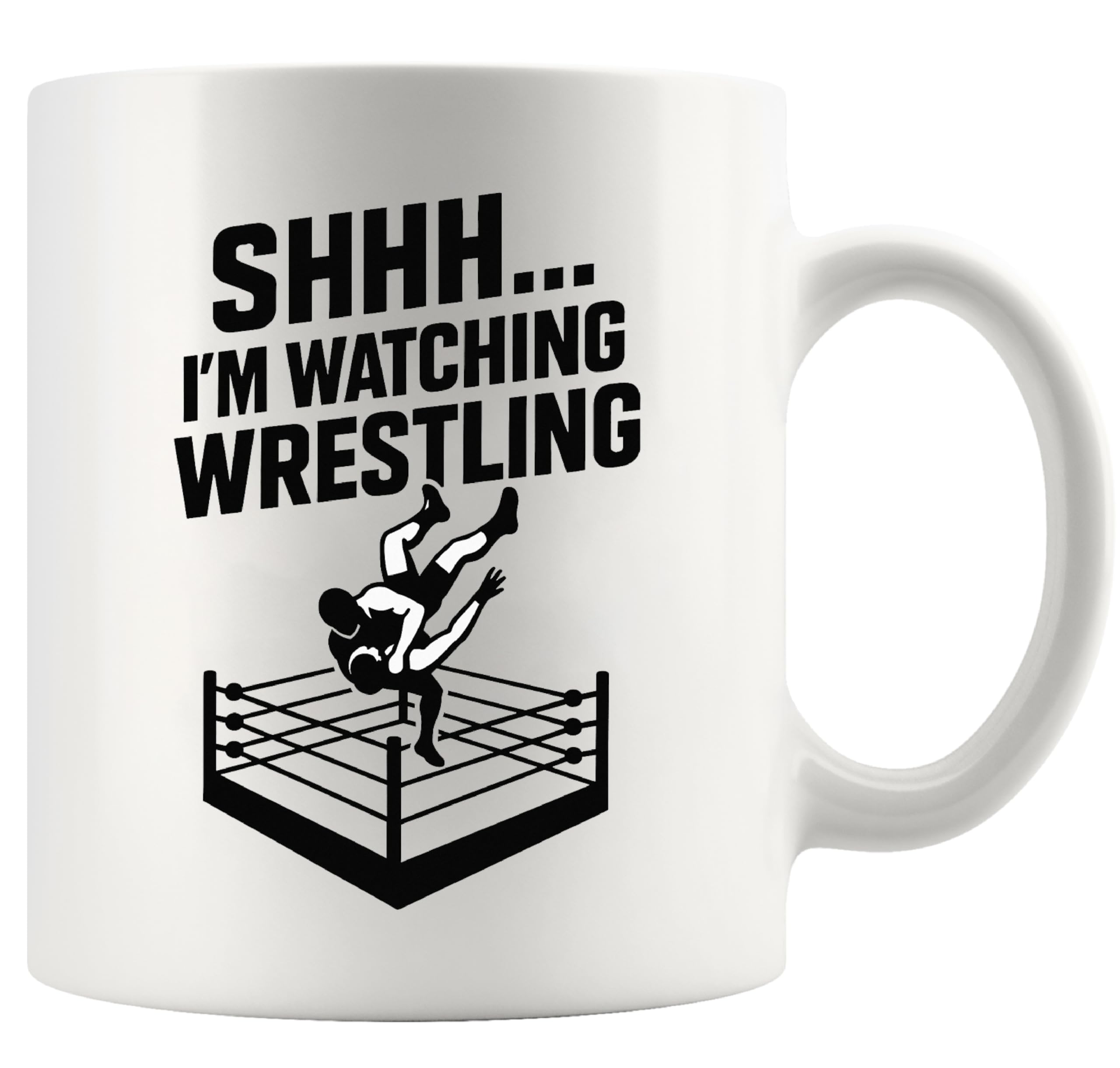 Panvola Shhh I'm Watching Wrestling, vista frontal de taza con diseño divertido para café diario