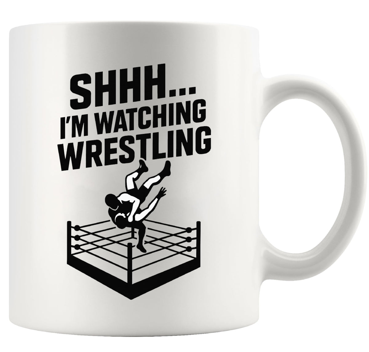 Panvola Shhh I'm Watching Wrestling, vista frontal de taza con diseño divertido para café diario