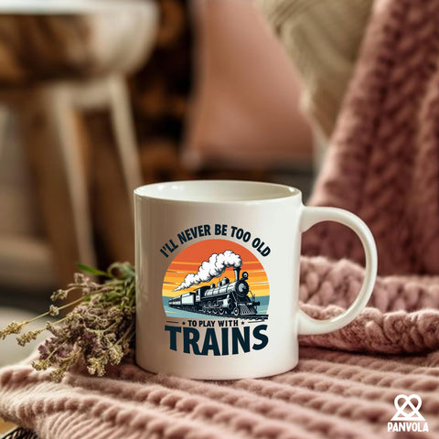 Panvola taza trenes, acabado cerámico blanco, apta para microondas.