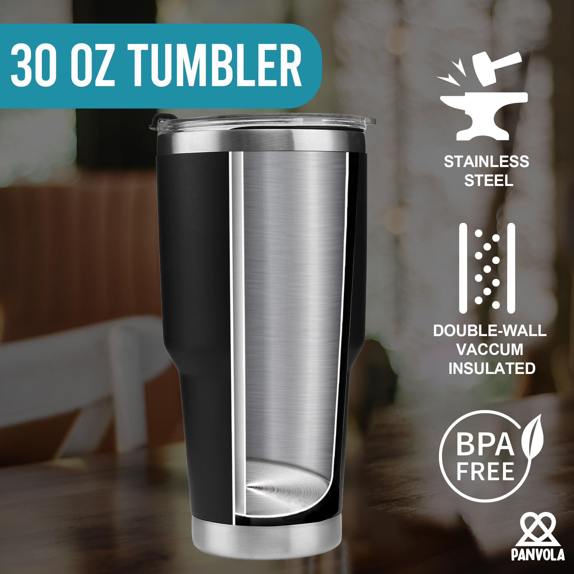 Panvola vaso termico con tapa transparente, mantiene bebidas a temperatura y evita derrames.